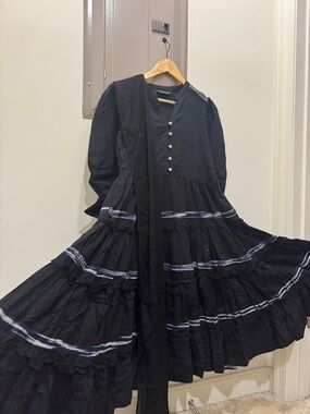 Black Long-Sleeve Tiered Button Dress with Contrast Stripes